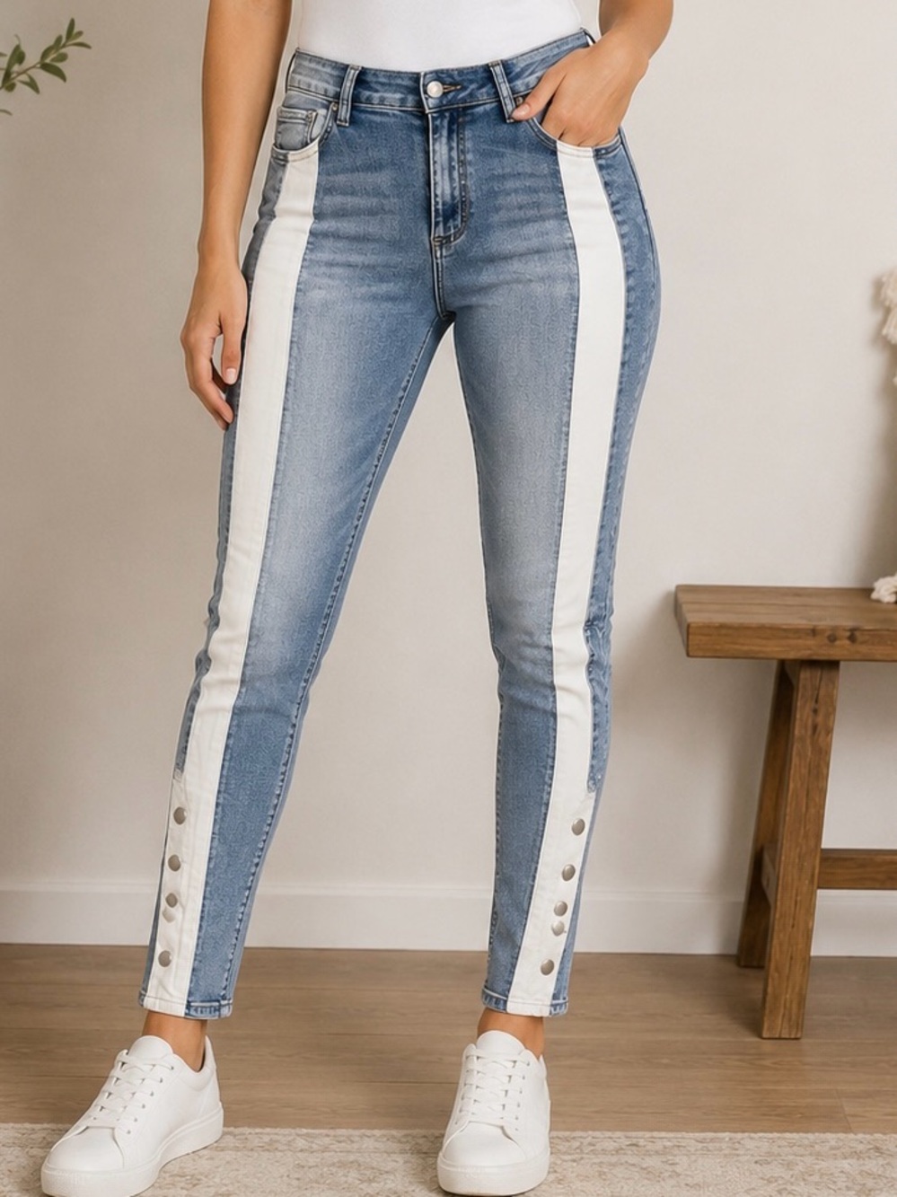Hayden Skinny Jeans Size L Blue w/ White Side Strap Snap Hem